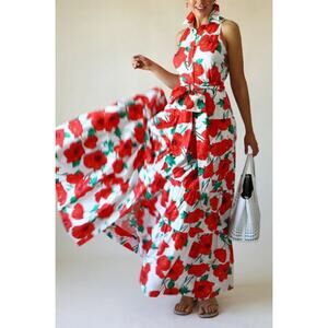 Cara Cara Adriana Floral Button Front Tie Waist Maxi Dress Pop/Tom Womens Size 2